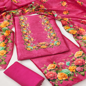 Stylish Rani Pink Assam Art Silk Dress Material Accented With Floral Digital Print & Khatli Work