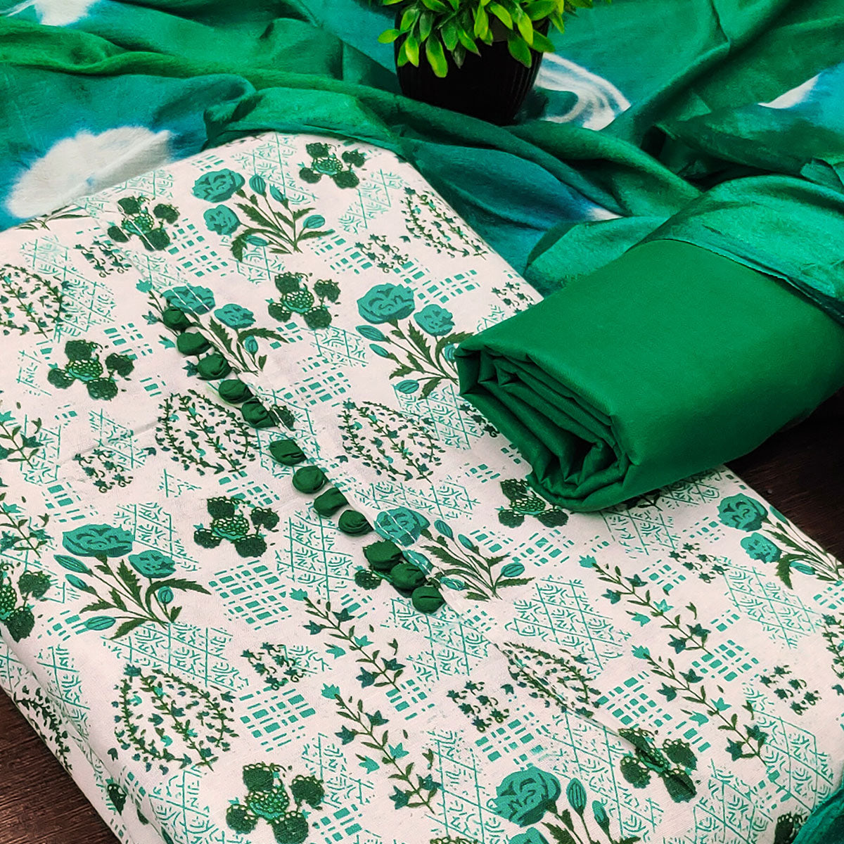 Lightweight Cream & Green Cotton Dress Material with Beautiful Floral Print Detailing