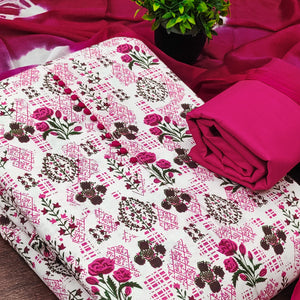 Lightweight Cream & Pink Cotton Dress Material with Beautiful Floral Print Detailing