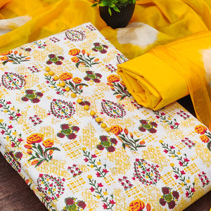 Lightweight Cream & Yellow Cotton Dress Material with Beautiful Floral Print Detailing
