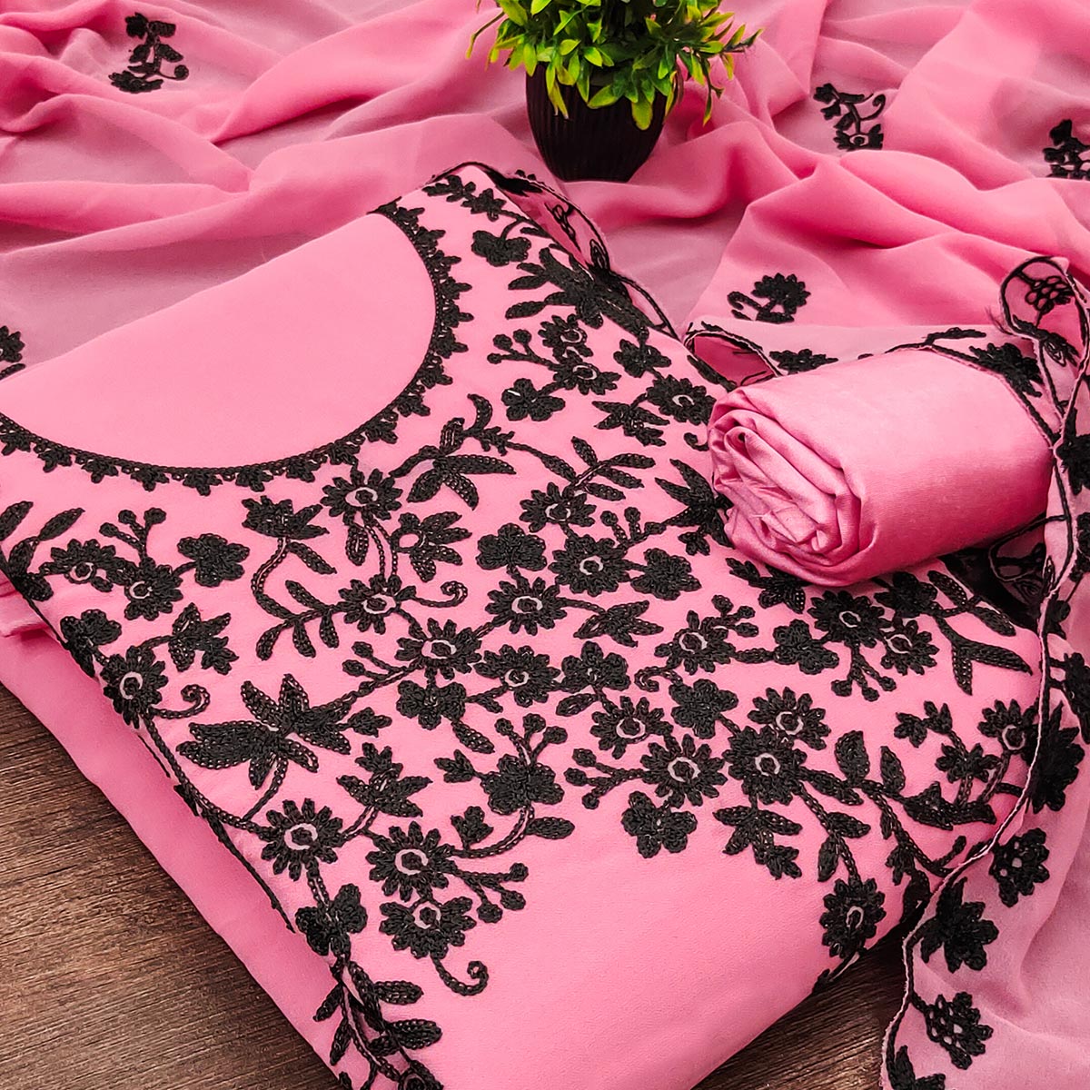 Designer Pink Floral Embroidered Georgette Material for Stylish Dresses and Outfits