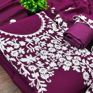 Designer Plum Purple Floral Embroidered Georgette Material for Stylish Dresses and Outfits
