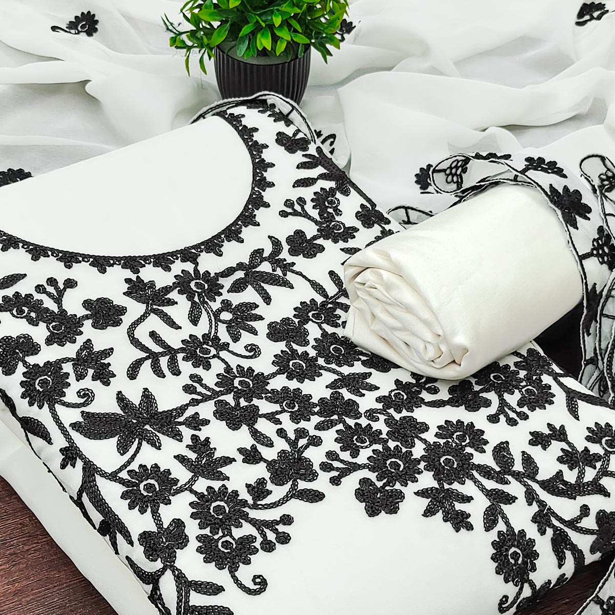 Designer White Floral Embroidered Georgette Material for Stylish Dresses and Outfits