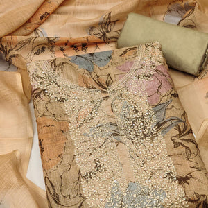 Chikoo Floral Digital Printed Cotton Blend Dress Material With Sparkling Sequins Embroidery