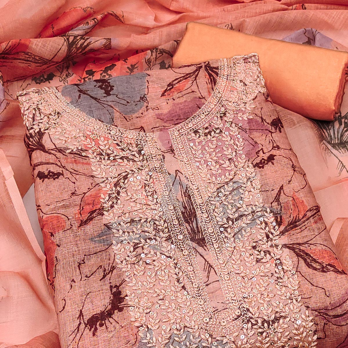 Peach Floral Digital Printed Cotton Blend Dress Material With Sparkling Sequins Embroidery