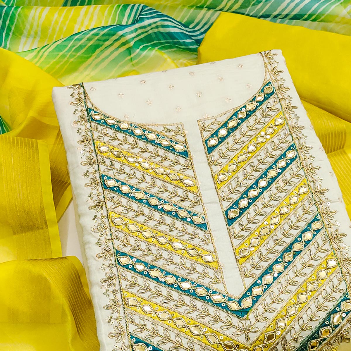 Offwhite & Lemon Green Butti Weaving Chanderi Silk Dress Material Enhanced With Cording Embroidery