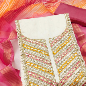Offwhite & Pink Butti Weaving Chanderi Silk Dress Material Enhanced With Cording Embroidery