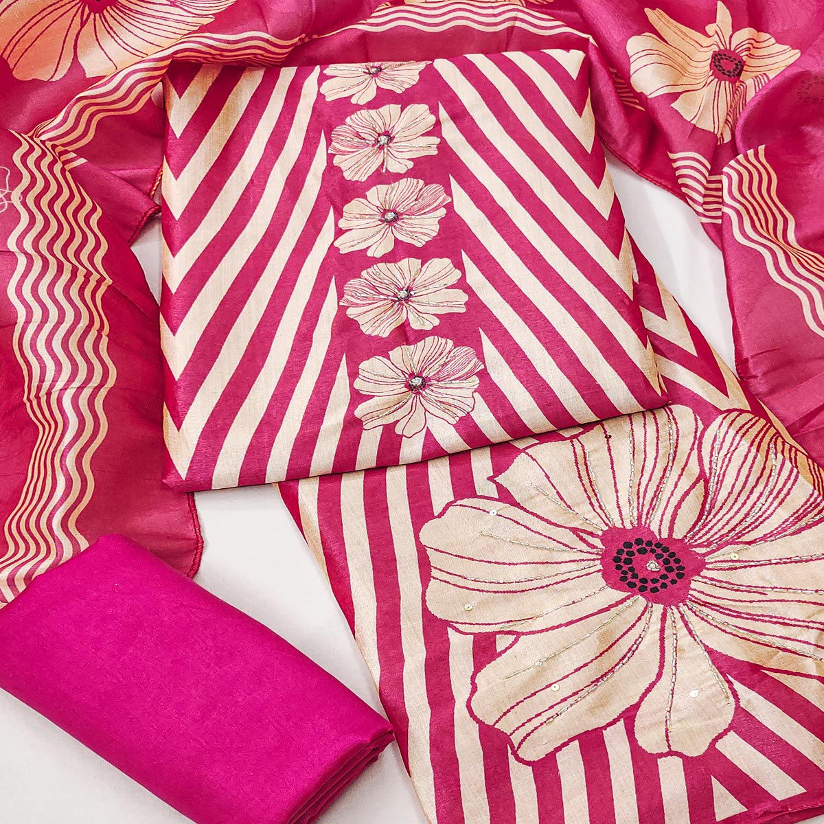 Pink Floral Digital Printed Assam Art Silk Dress Material Adorned With Beads & Sequins Work