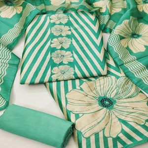 Rama Green Floral Digital Printed Assam Art Silk Dress Material Adorned With Beads & Sequins Work