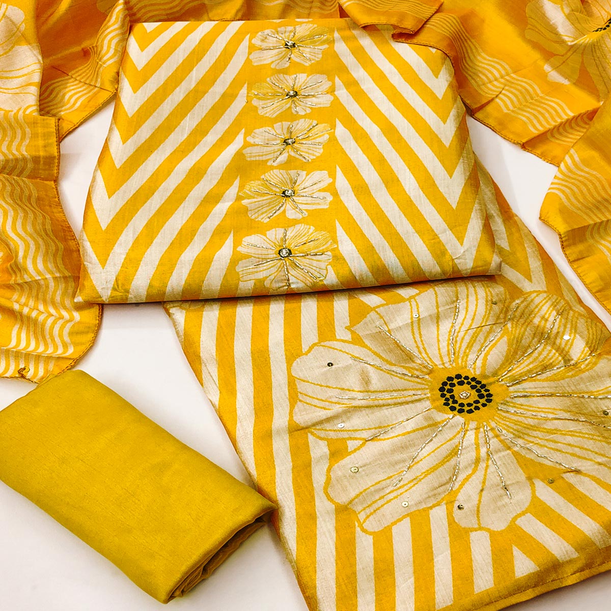 Yellow Floral Digital Printed Assam Art Silk Dress Material Adorned With Beads & Sequins Work