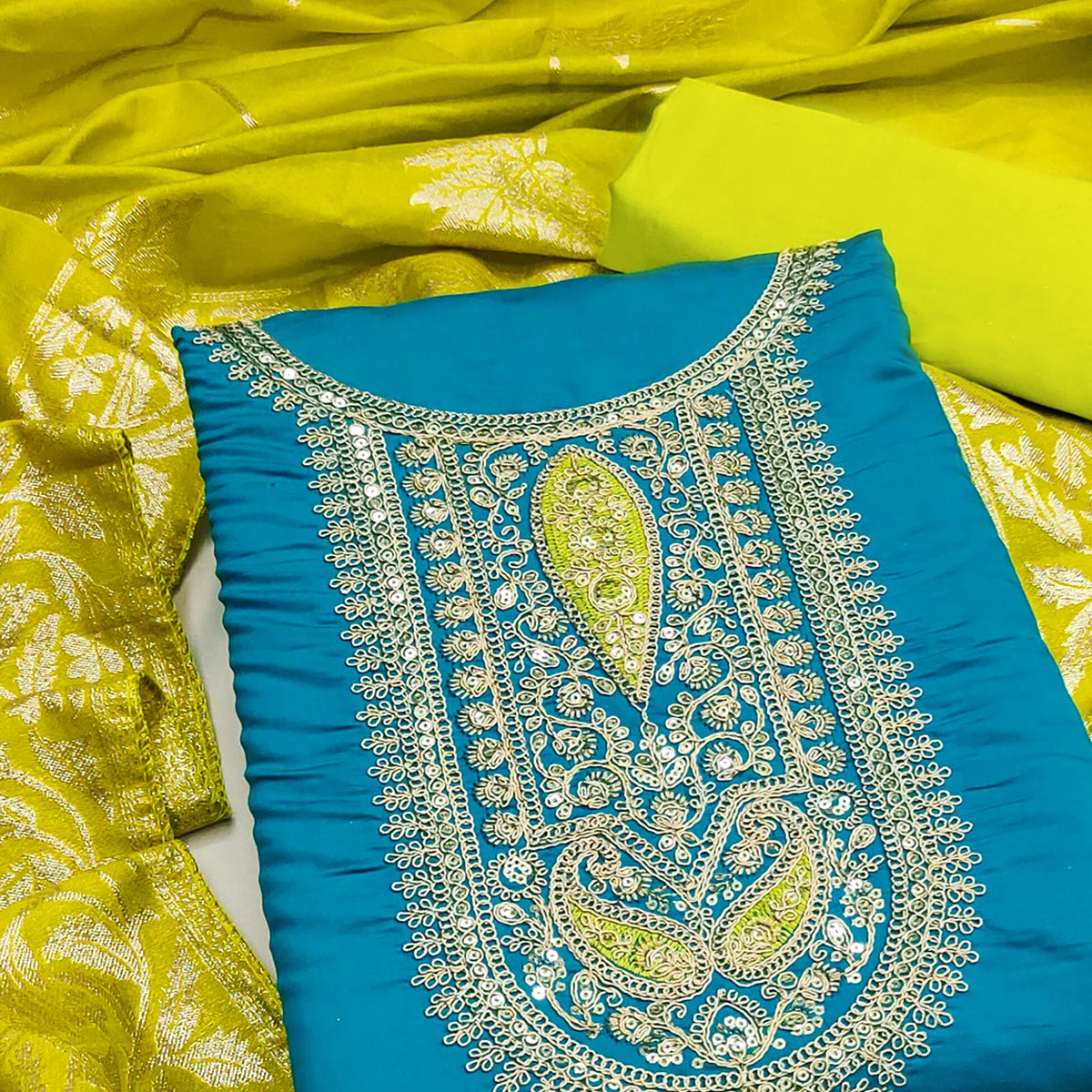 Graceful Blue Silk Blend Dress Material Featuring Floral Cording Embroidery With Sequins Detailing