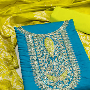 Graceful Blue Silk Blend Dress Material Featuring Floral Cording Embroidery With Sequins Detailing