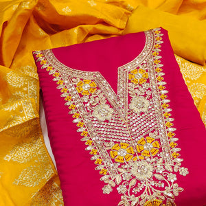 Graceful Pink Silk Blend Dress Material Featuring Floral Cording Embroidery With Sequins Detailing