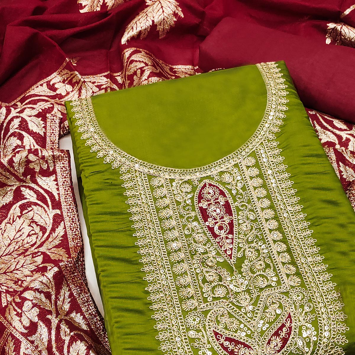 Stylish Green Floral Cording Embroidered Silk Blend Dress Material Accented With Sequins Work