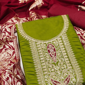 Stylish Green Floral Cording Embroidered Silk Blend Dress Material Accented With Sequins Work