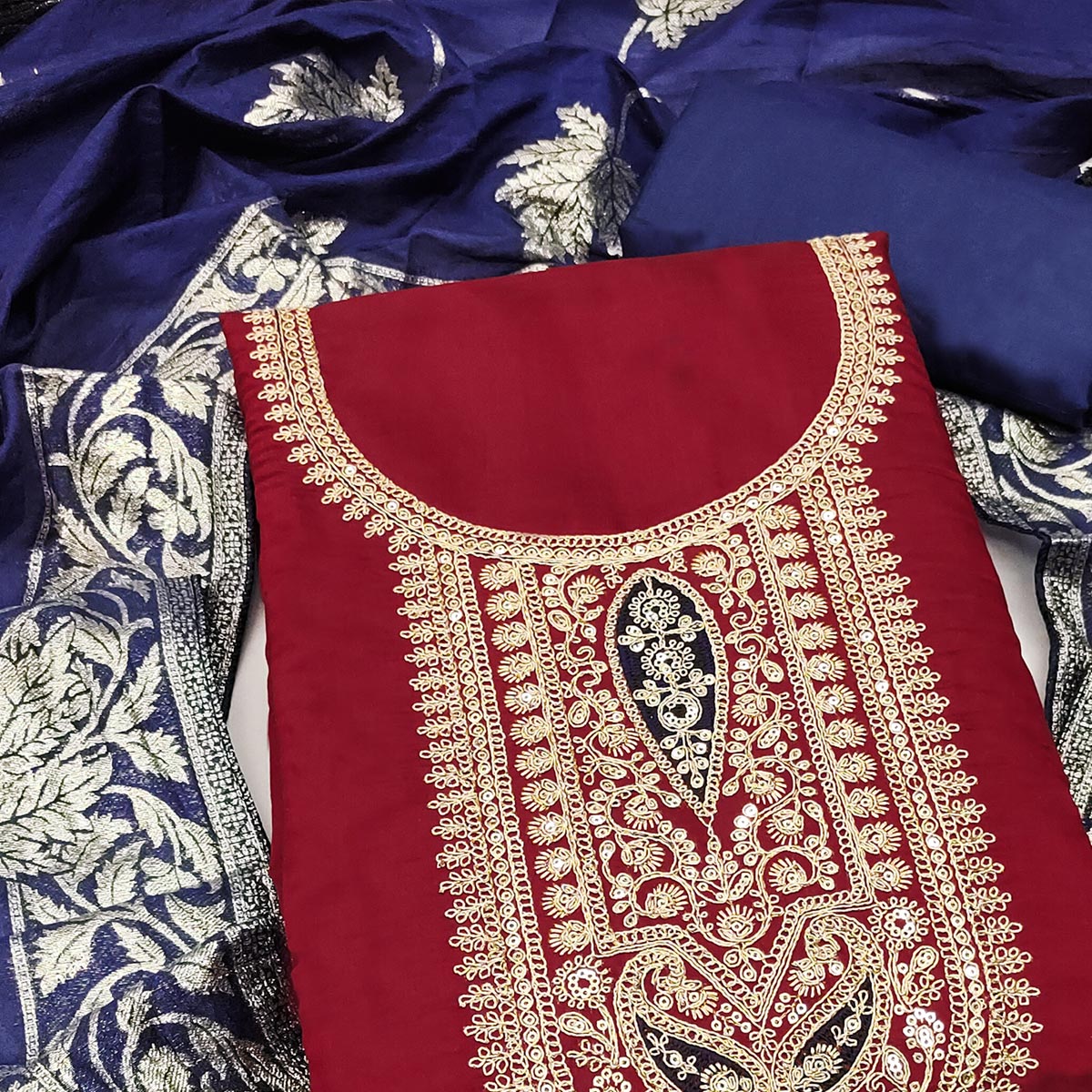 Stylish Maroon Floral Cording Embroidered Silk Blend Dress Material Accented With Sequins Work