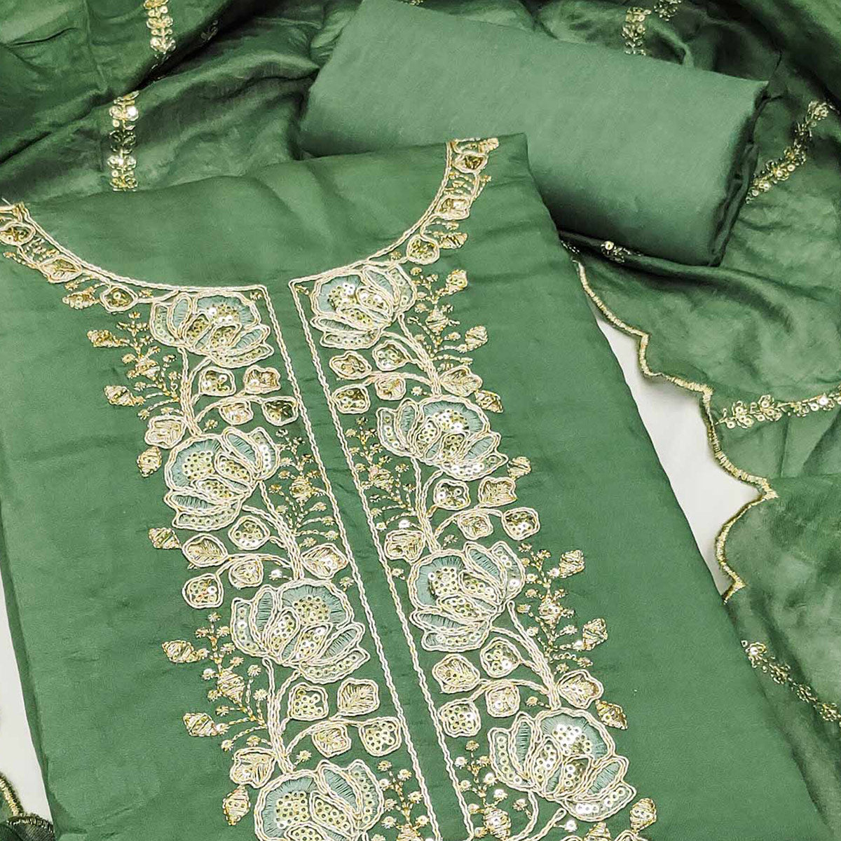 Classic Green Floral Cording Embroidered Silk Blend Dress Material With Glittering Sequins Work