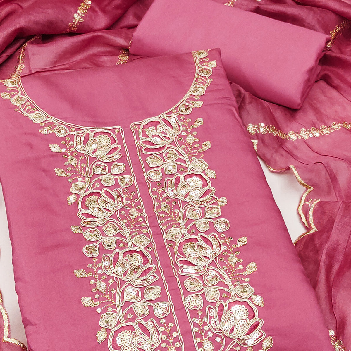Classic Pink Floral Cording Embroidered Silk Blend Dress Material With Glittering Sequins Work