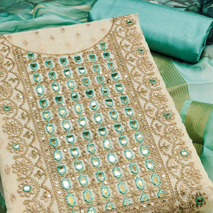 Cream & Turquoise Shimmer Dress Material Featuring Butti Weaving With Sequins Cording Embroidery