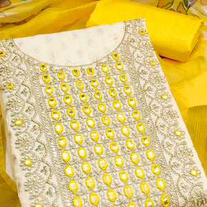 Cream & Yellow Shimmer Dress Material Featuring Butti Weaving With Sequins Cording Embroidery