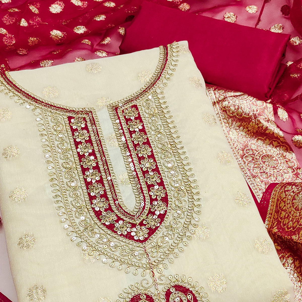 Graceful Cream & Red Butti Weaving Shimmer Dress Material Adorned With Cording Embroidery Work