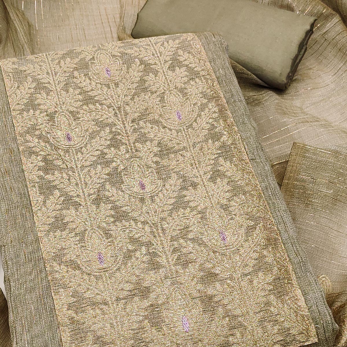 Premium Grey Floral Weaving Crafted Cotton Silk Jacquard Dress Material