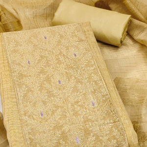 Premium Mustard Floral Weaving Crafted Cotton Silk Jacquard Dress Material