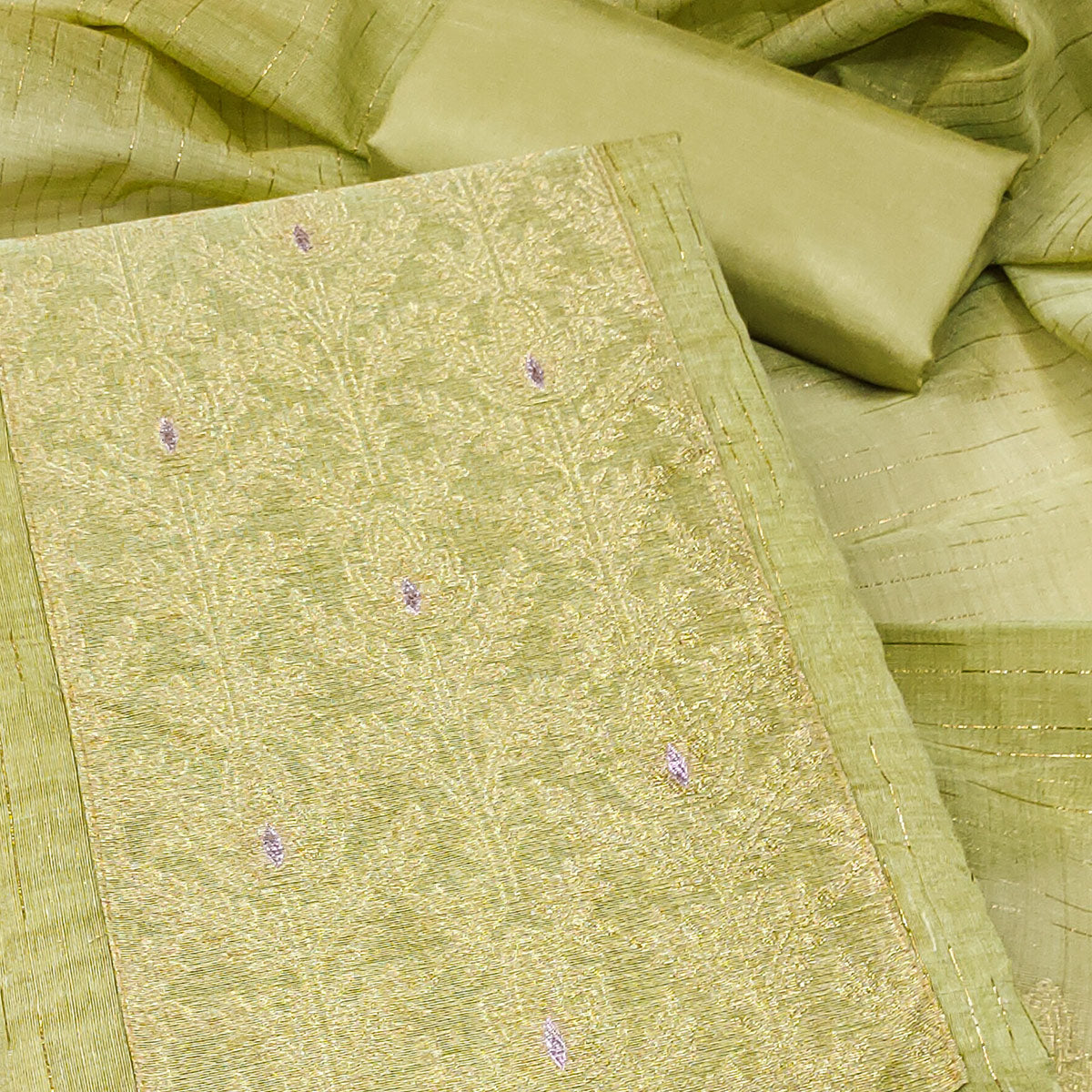 Premium Pista Green Floral Weaving Crafted Cotton Silk Jacquard Dress Material