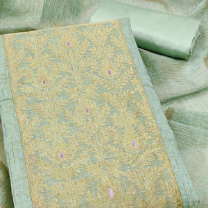 Premium Sea Green Floral Weaving Crafted Cotton Silk Jacquard Dress Material