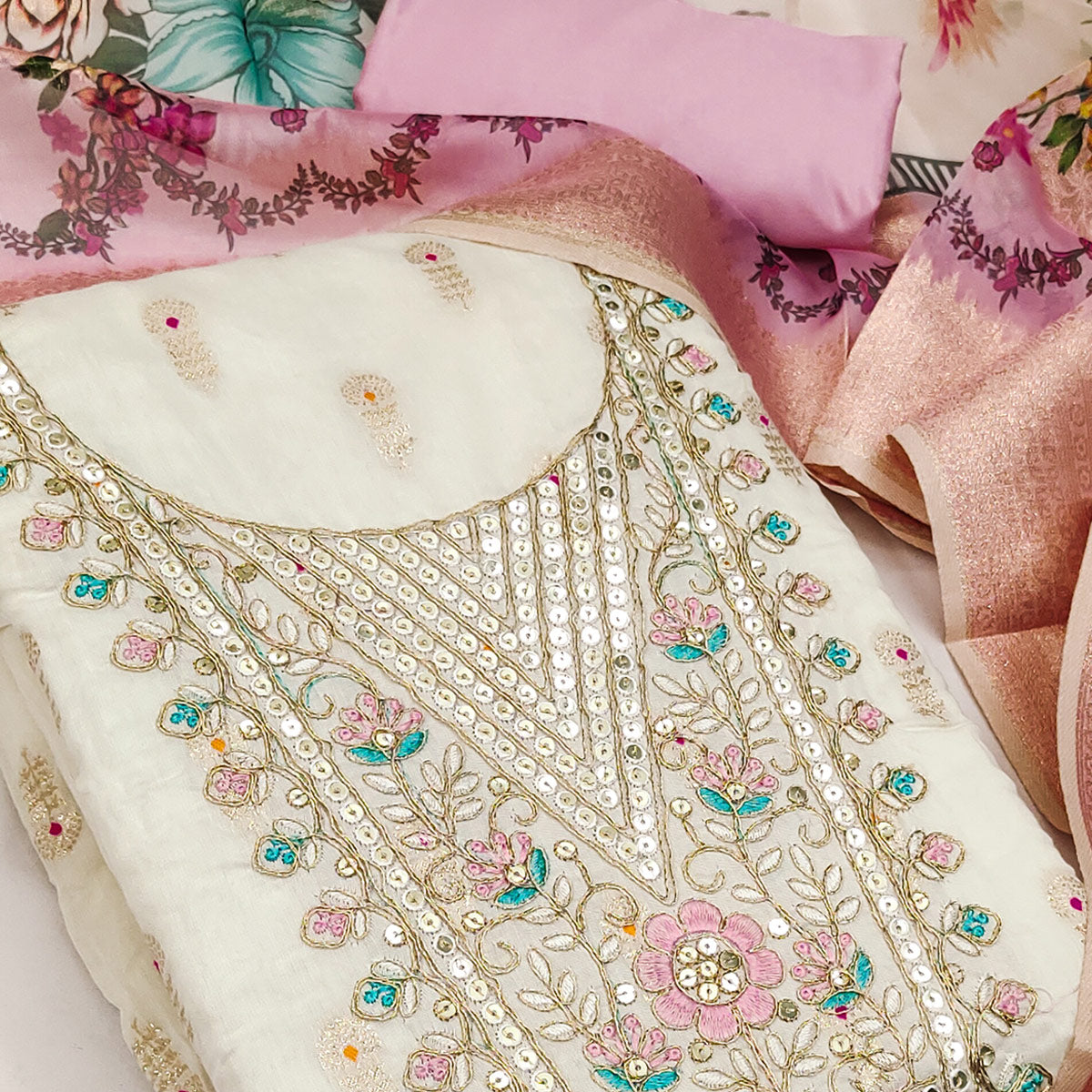 Offwhite & Pink Floral Woven With Sequins Cording Embroidery Meenakari Jacquard Dress Material