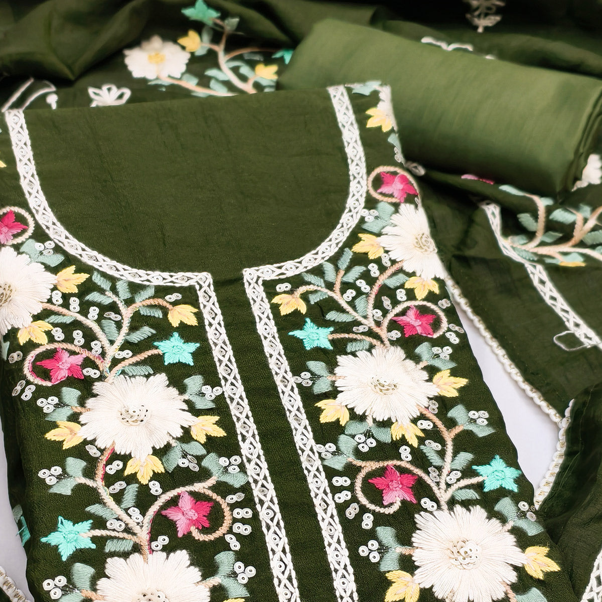Stylish Mehendi Green Floral Thread & Sequins Detailed Embroidery Vichitra Silk Dress Material