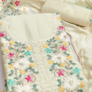 Stylish Offwhite Floral Thread & Sequins Detailed Embroidery Vichitra Silk Dress Material