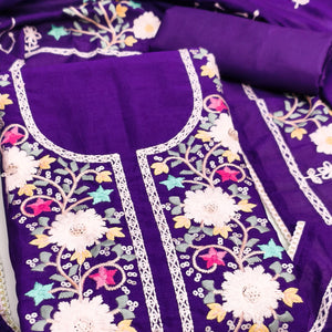Stylish Purple Floral Thread & Sequins Detailed Embroidery Vichitra Silk Dress Material