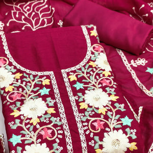 Stylish Rani Pink Floral Thread & Sequins Detailed Embroidery Vichitra Silk Dress Material