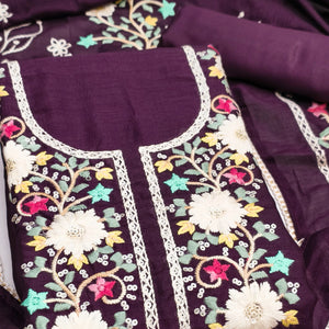 Stylish Wine Floral Thread & Sequins Detailed Embroidery Vichitra Silk Dress Material