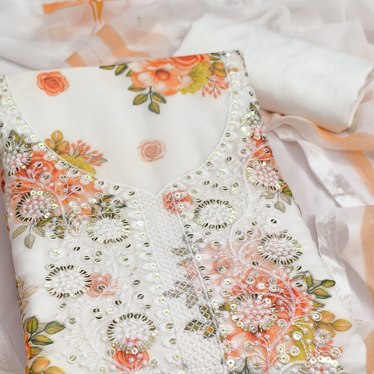 White & Orange Floral Sequins Embroidered Georgette Dress Material With Artistic Digital Prints