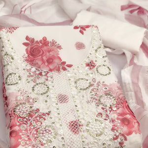 White & Peach Floral Sequins Embroidered Georgette Dress Material With Artistic Digital Prints