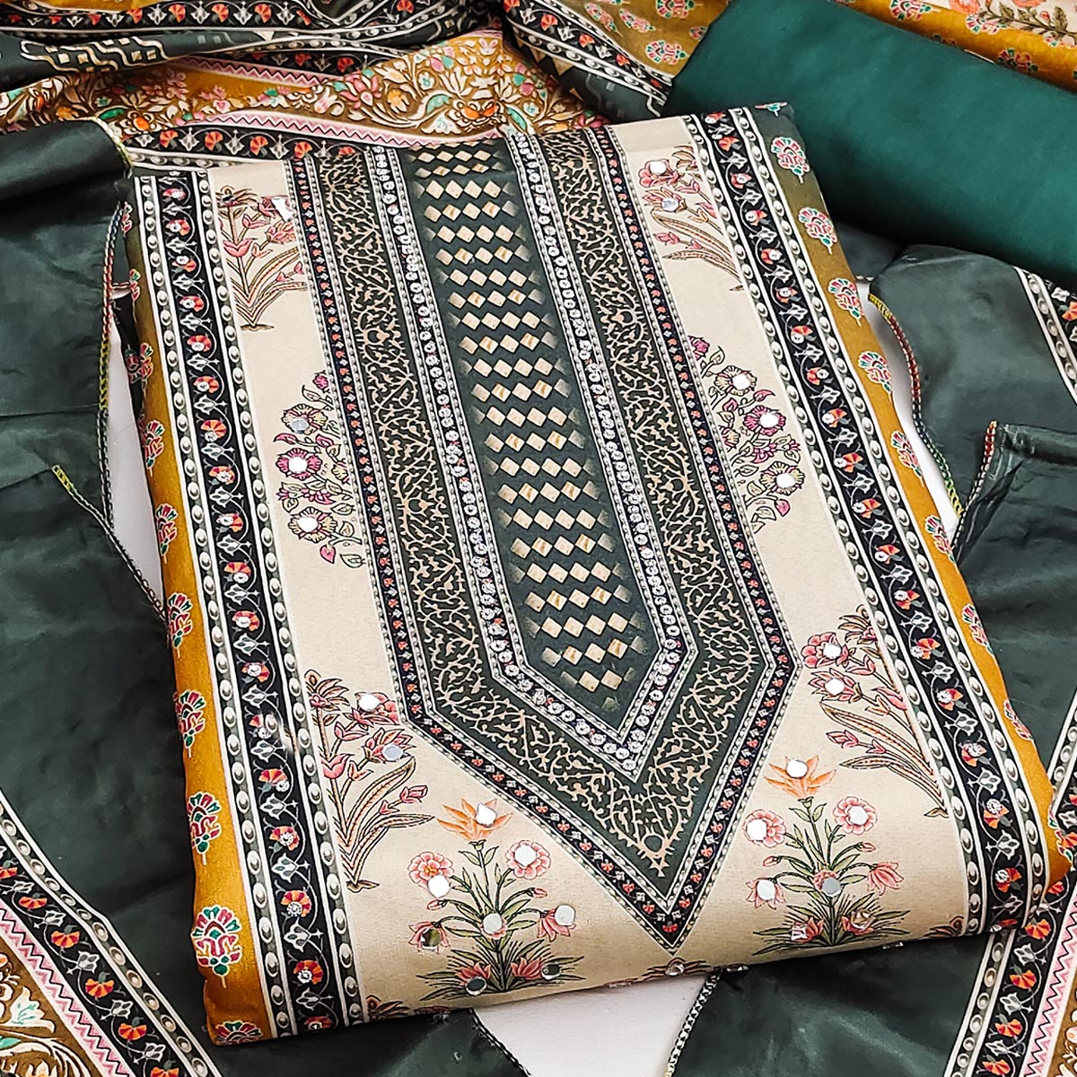 Elegant Dark Green Floral Digital Printed Crepe Dress Material With Mirror Work