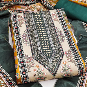 Elegant Dark Green Floral Digital Printed Crepe Dress Material With Mirror Work