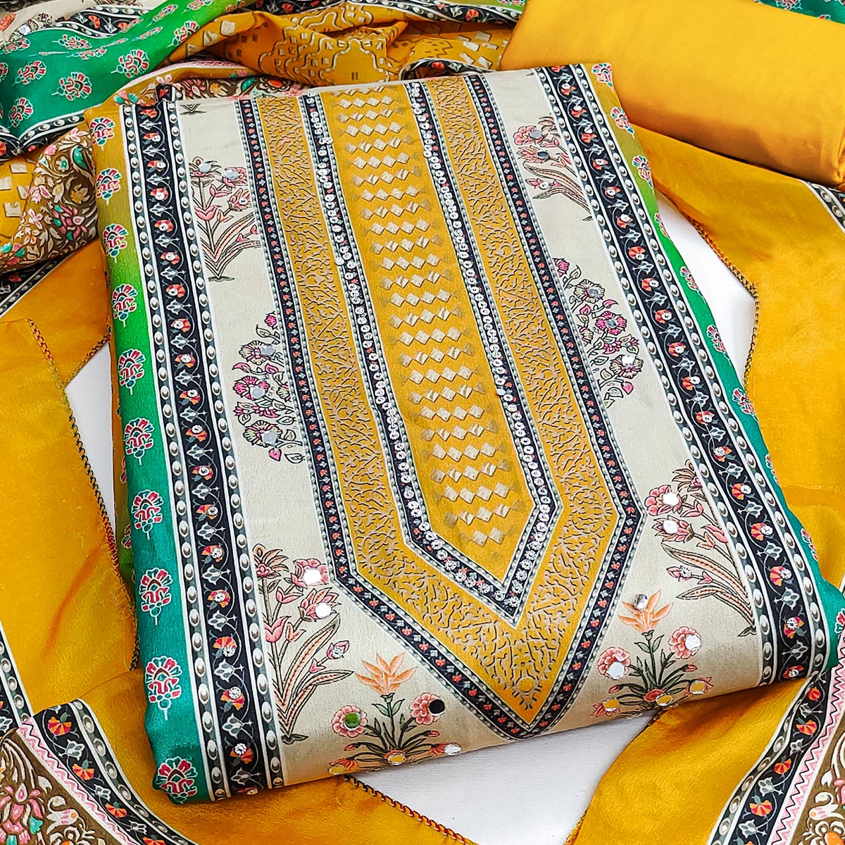 Elegant Mustard Floral Digital Printed Crepe Dress Material With Mirror Work