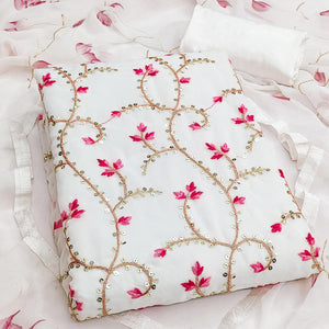 Classic White Georgette Dress Material With Floral Embroidery & Shimmering Sequins Work