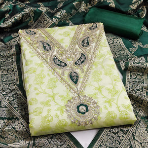 Classic Green Floral Printed Chanderi Silk Dress Material With Intricate Cording Embroidery