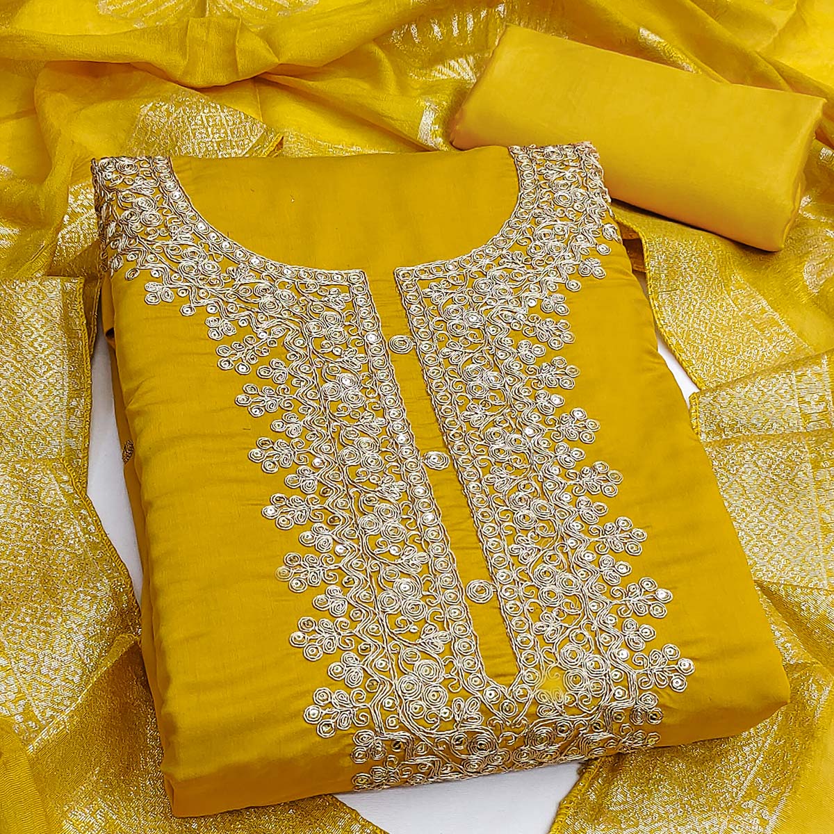 Vibrant Mustard Floral Cording Embroidery Silk Blend Dress Material Adorned With Sequins Work