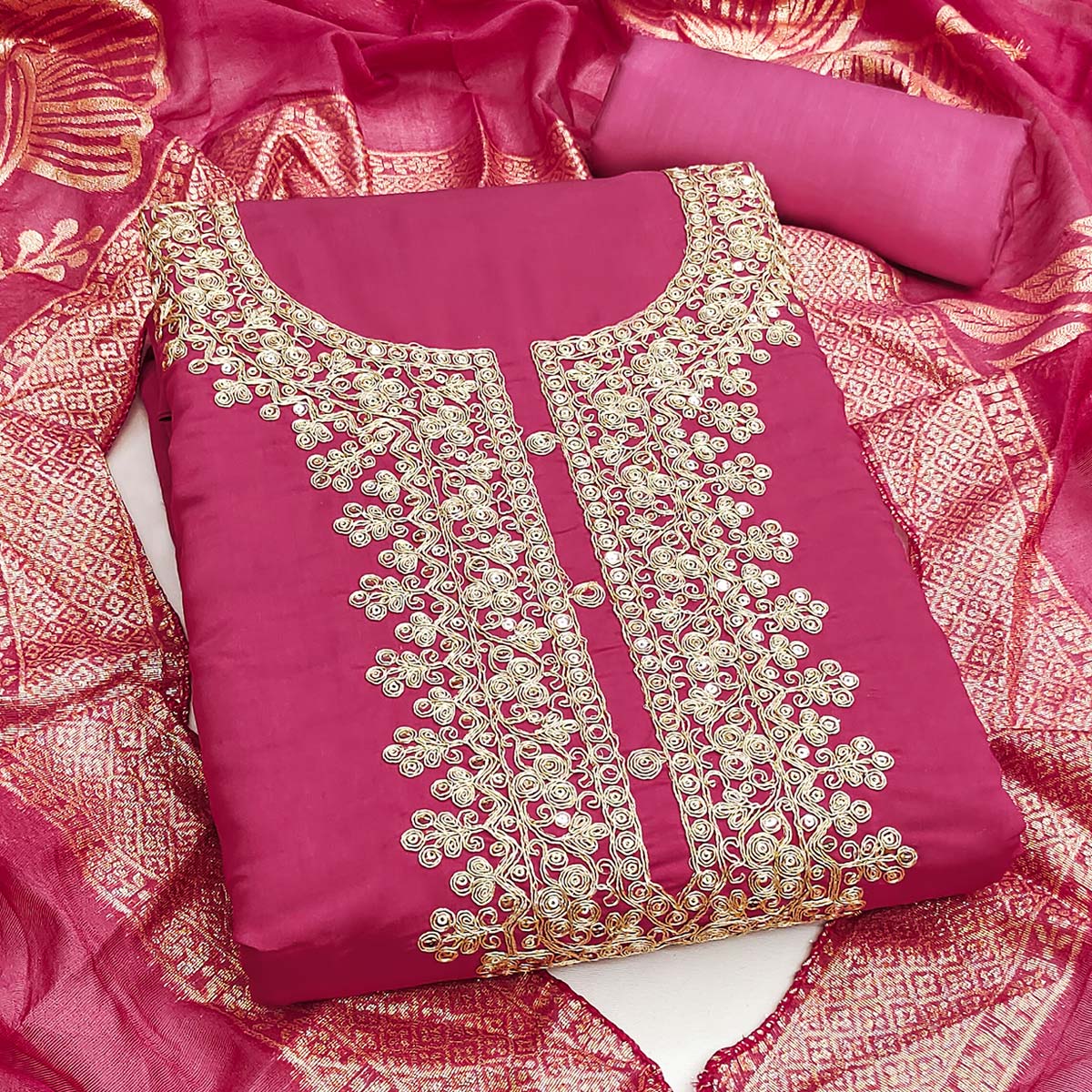 Vibrant Rani Pink Floral Cording Embroidery Silk Blend Dress Material Adorned With Sequins Work