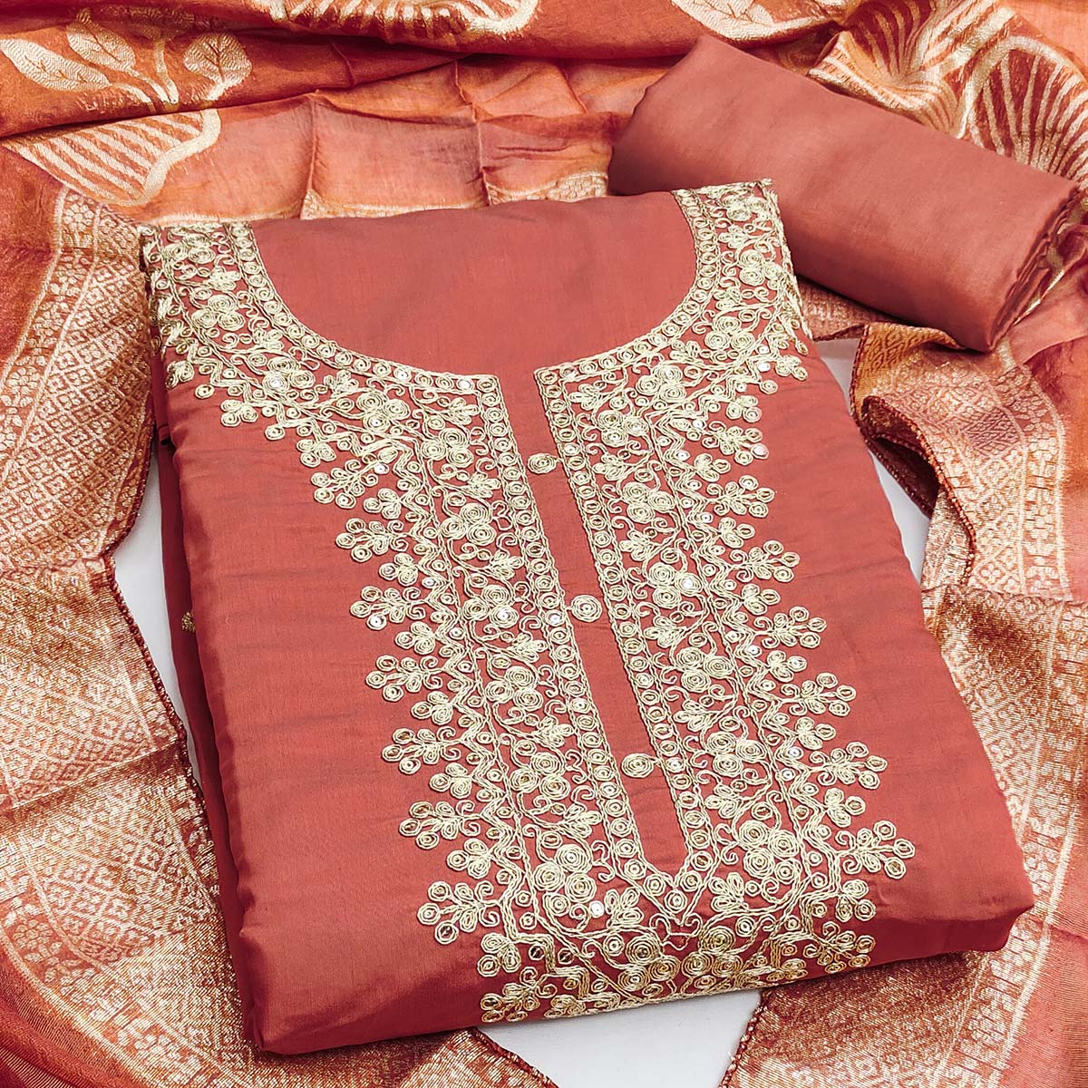 Vibrant Rust Floral Cording Embroidery Silk Blend Dress Material Adorned With Sequins Work