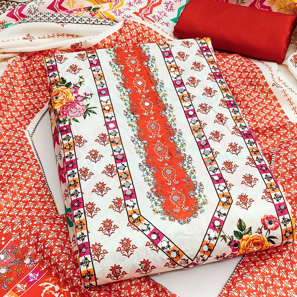 Orange Crepe Dress Material With Vibrant Floral Digital Print & Mirror Embellishment