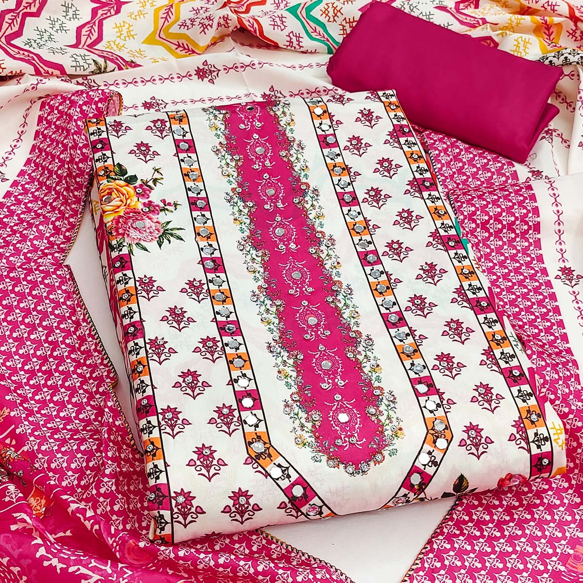 Rani Pink Crepe Dress Material With Vibrant Floral Digital Print & Mirror Embellishment