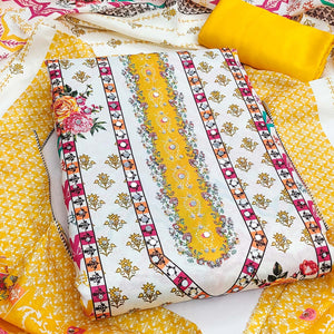 Yellow Crepe Dress Material With Vibrant Floral Digital Print & Mirror Embellishment