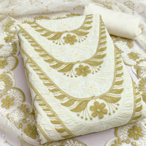 Cream & Olive Heavy Embroidered Georgette Dress Material Enhanced with Floral Resham Dupatta