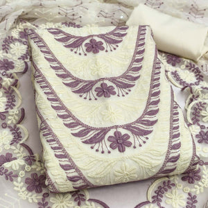 Cream & Purple Heavy Embroidered Georgette Dress Material Enhanced with Floral Resham Dupatta
